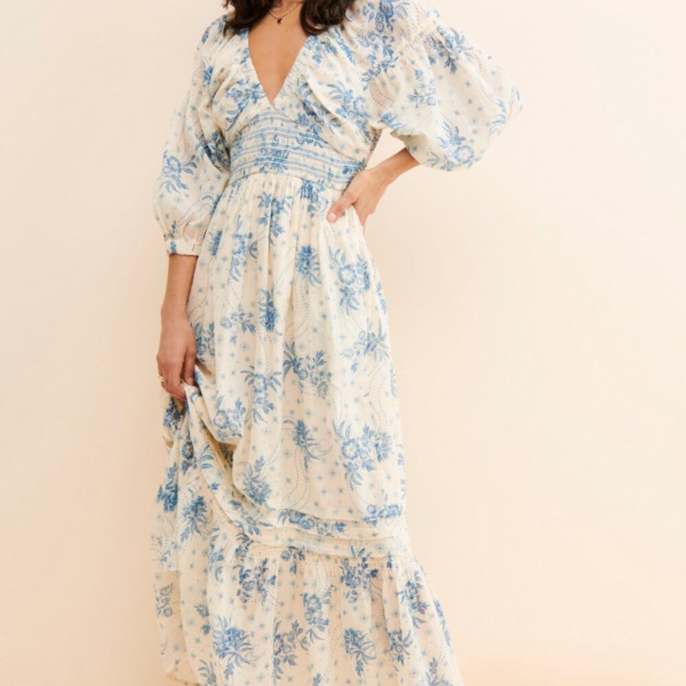 Free People Golden Hour Maxi Dress - Blue/Ivory Sz Large - Picture 2 of 11